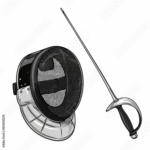 Fencing equipment featuring fencing mask and foil for sporting activities. Protective fencing mask and weapon illustrate precision, skill, and strategy in competitive sports.