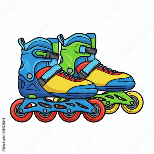 Whimsical illustration shows roller skates, playful and colorful, with blue, yellow, green, and red accents. Whimsical illustration emphasizes retro style and conveys joyful energy,