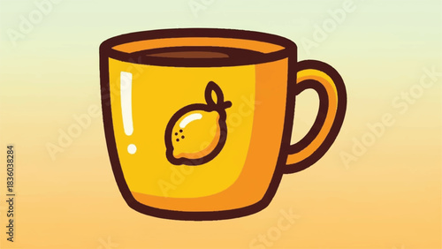 Yellow mug with lemon design filled with dark liquid.