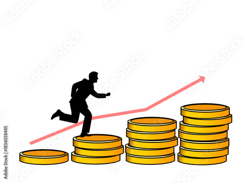 Vector of person running up coin stacks with arrow, symbolizing financial growth, success, career progress, and wealth building