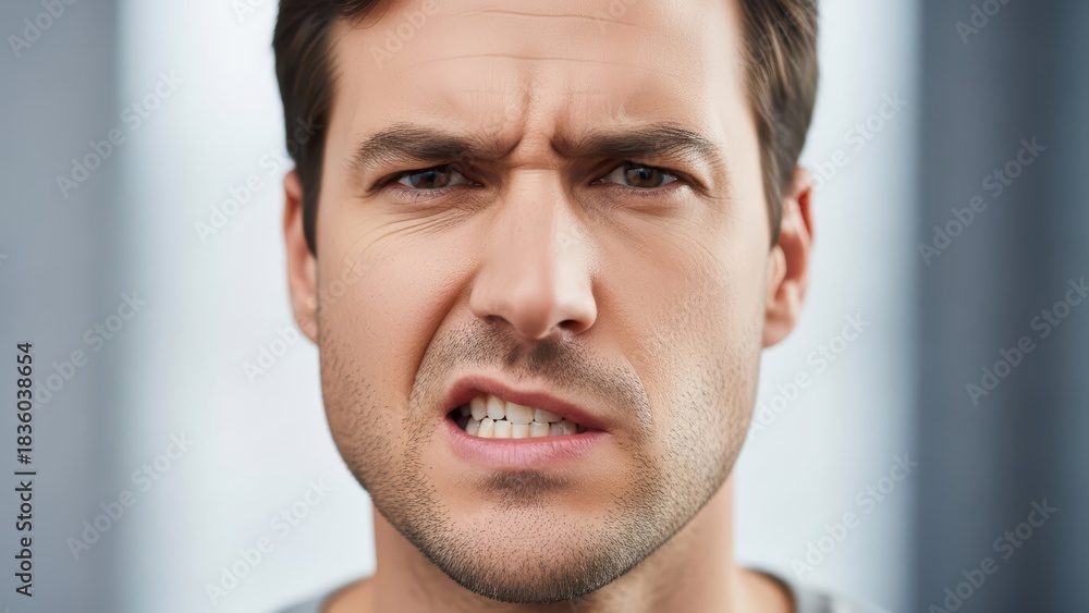 Fototapeta premium Young adult male showing anger and frustration with clenched teeth