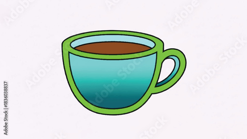 A simple cartoon illustration of a green coffee cup filled with brown liquid.
