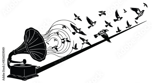 Vintage gramophone releasing a flock of birds into the sky, symbolizing freedom and inspiration.