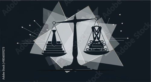 Concept of balance and justice represented by scales with symbolic weights, illustrating fairness and legal concepts.