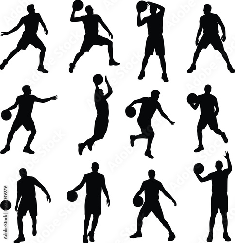 Basketball player silhouettes showcasing dynamic action poses isolated on white background, illustration