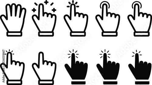 Collection of digital interface hand cursor and tap icons set isolated on white background, illustration