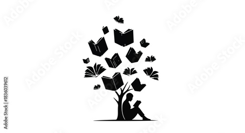 Person sits under a tree with open books flying like leaves, symbolizing knowledge and imagination