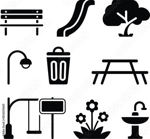 Park and playground outdoor elements icon set, vector graphics isolated on white background, illustration