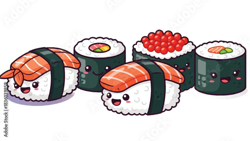 Cute Kawaii Sushi Characters with Happy Faces.