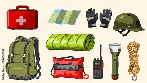 Outdoor Survival Gear Set in Detailed Cartoon Style for Adventure Use