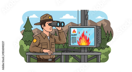 Ranger watching for forest fire using binoculars with modern detection system