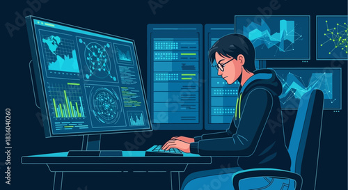 Concentrated data analyst working with complex financial charts on multiple screens