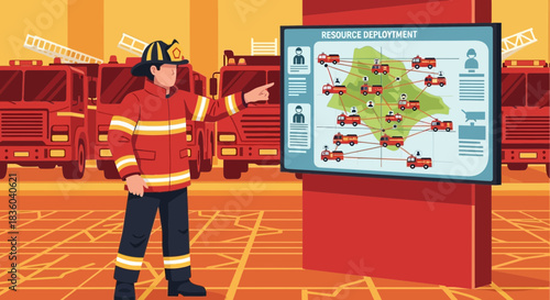 Firefighter overseeing resource deployment using a digital tracking system for emergencies