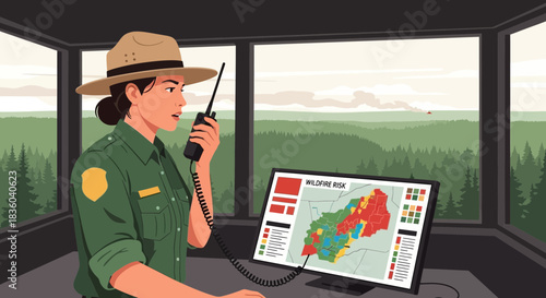 Forest ranger monitoring wildfire risk, utilizing technology for emergency communication
