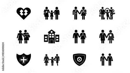 Modern Pictogram Set: Diverse Families, Relationships, Love, Healthcare, Community Support Silhouettes. Vector Icons.