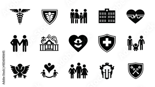 Health, Family, and Insurance Icon Set. Medical Care, Community Support, Protection, and Welfare Vector Symbols.