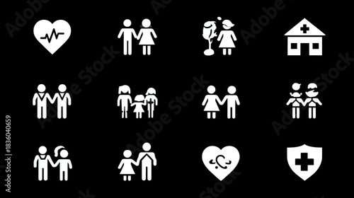 Diverse family relationships, healthcare, love, and community care icon set. Modern graphic symbols for social issues and medical support.