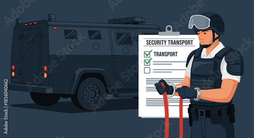 Armored vehicle guarded by security personnel preparing the secure transport checklist