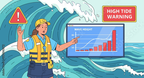 Coastal Safety Alert: Lifeguard Warning of High Tide with Wave Height Data Display