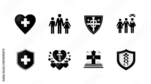 Black and White Health, Medical, Family Care, and Protection Vector Icons Set. Security, Heart, Cross, and Shield Symbols.