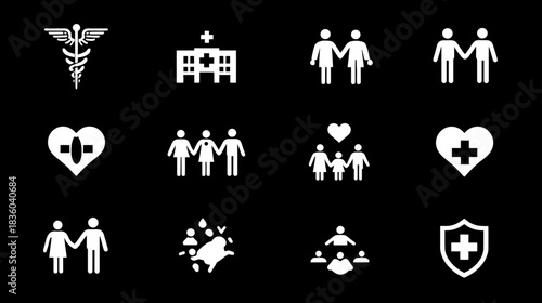 Healthcare, Family, Relationship & Community Icons Set. Diverse Medical, People, Couple, and Protection Symbols Vector Collection.