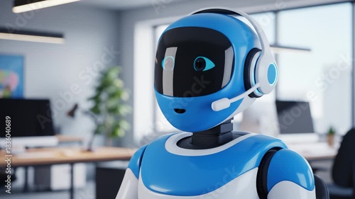 Friendly Robot Wearing Headset in Modern Office