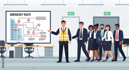 Emergency evacuation training, employees learning about safe routes in office
