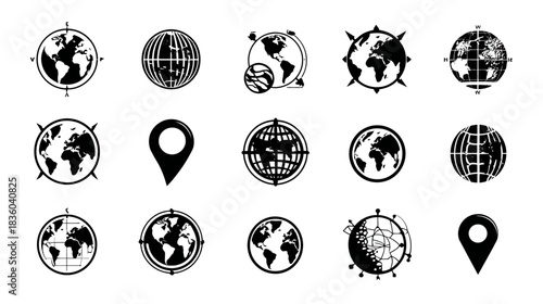 Set of diverse black and white globe, world map, and location pin icons. Global communication, network, travel, and international business symbols.