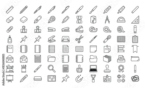 Collection of detailed line art style stationery and office supplies icons