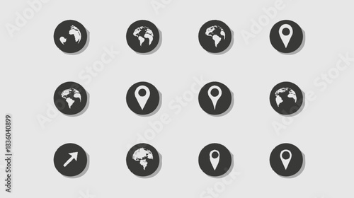 Set of minimalist black flat vector icons: world globe, location pins, brain, and directional arrow. Digital interface design elements for UI/UX.