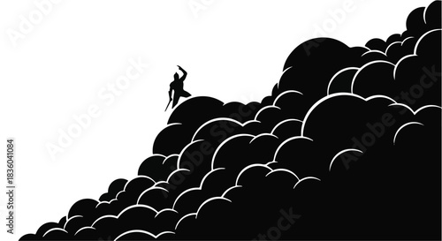 Lone figure standing on edge of dark clouds, reaching for the sky