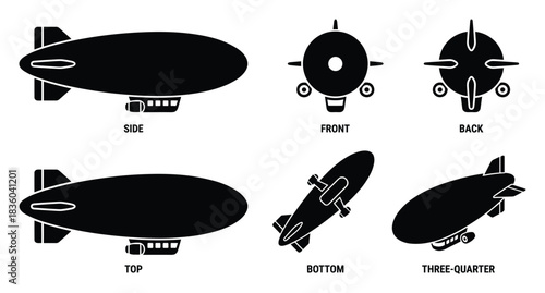 Vector set of Dirigible illustrations, showing various view perspectives