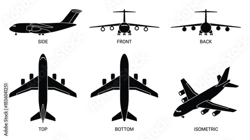 Detailed Aircraft Views Illustration: Side, Front, Back, Top, Bottom, Isometric