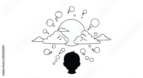 Child's imagination blooming with bright ideas and dreams surrounding their head