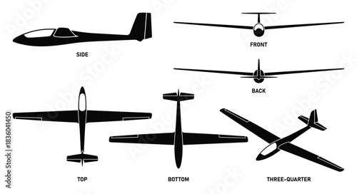 Technical illustration of a glider with multiple orthogonal views design