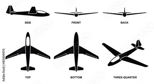 Airplane Schematics: Detailed Views of a Glider in Black and White Style