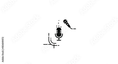 A minimalist black icon depicts a vintage microphone on a stand with a sound wave and a second microphone suggesting broadcast.