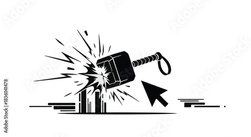 Mighty hammer striking with explosive force, a cursor points to the impact.