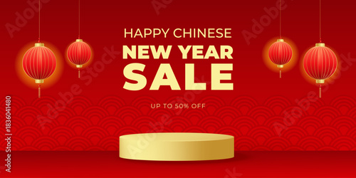 Happy Chinese New Year sale banner with traditional pattern,gold podium,lantern. Festival voucher template design for seasonal promotion and special offer. Horizontal vector illustration