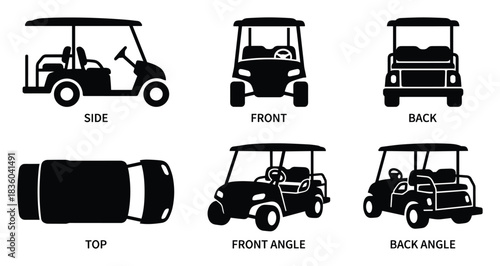 Golf Cart: Black and White Vector Illustration showing multiple views.