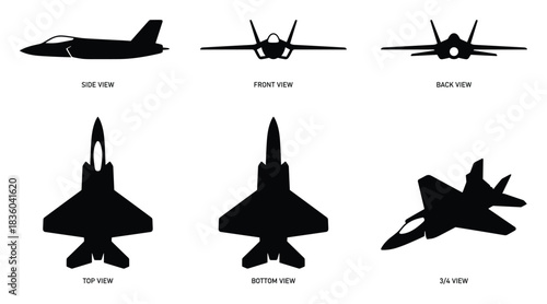 Detailed Vector Illustration: Fighter Jet views. Side, front, back, top