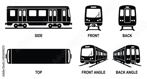 Illustrative depiction of a passenger train car from various angles, black vector