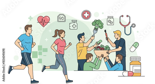 Promote well-being with active runners and wholesome food. Ideal for campaigns emphasizing healthy habits, preventative care, and a balanced approach to vibrant living.