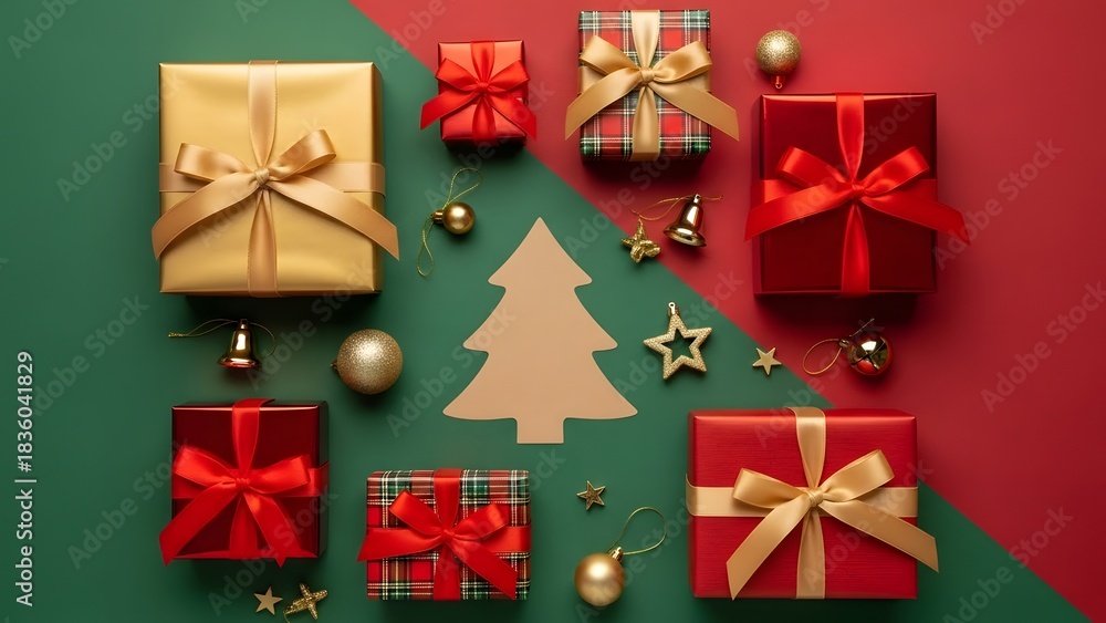Fototapeta premium Festive christmas gifts and decorations arranged on a red and green background