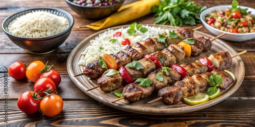 Grilled Meat Skewers with Rice and Fresh Vegetables