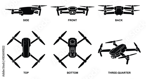 Detailed Drone Technical Drawing: Front, Back, Side, Top, Bottom Views