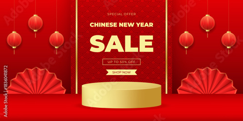 Chinese New Year sale banner with traditional pattern,gold podium,lantern,fan. Festival voucher template design for seasonal promotion and special offer. Horizontal vector illustration