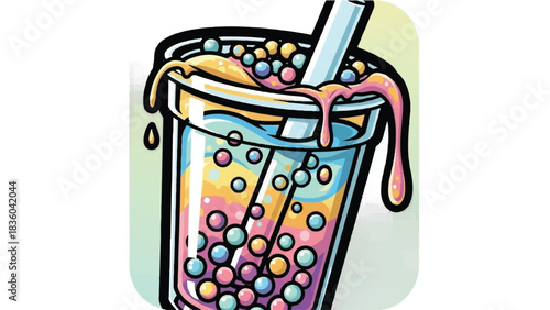 Colorful Bubble Tea Illustration with Straw and Dripping Liquid.