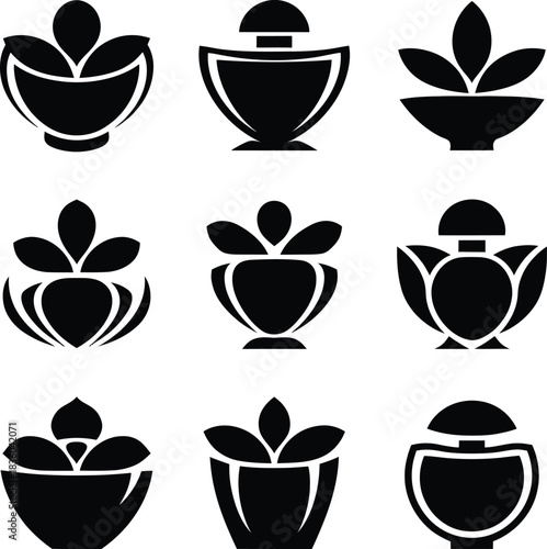 Elegant black lotus flower icons set, symbolic vector elements isolated on white background, illustration