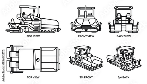 Asphalt Paver Technical Drawing: Side, Front, Back, Top, and Perspective Views